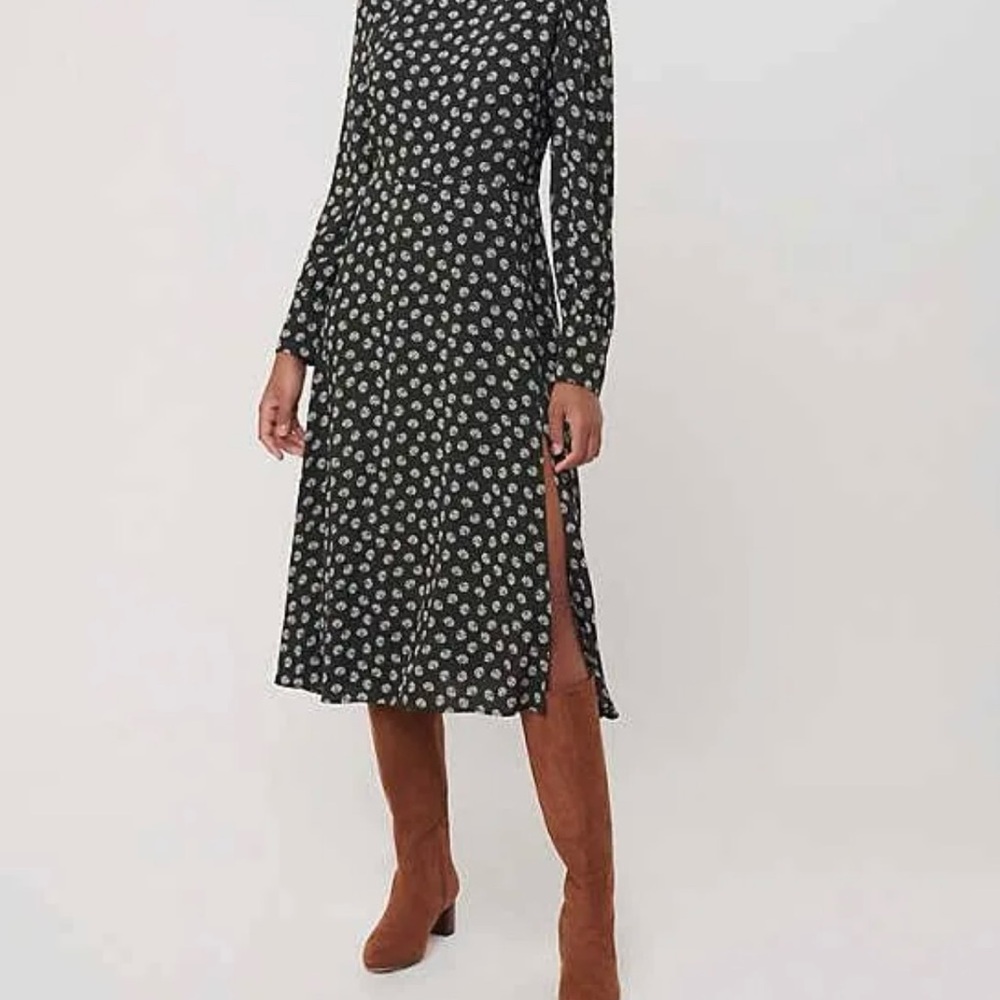 Long Sleeve Black Floral Midi Dress with Side Slit